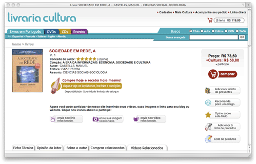 No site da Livraria Cultura, os clientes também podem escrever opiniões dos produtos